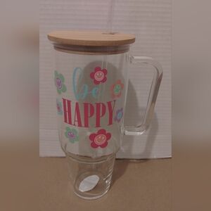 Be Happy Floral Glass Mug